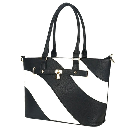 Elegant Black and White Wavy Stripe Women's Tote Handbag - Vegan Faux Leather Statement Piece Jewelry Bubble