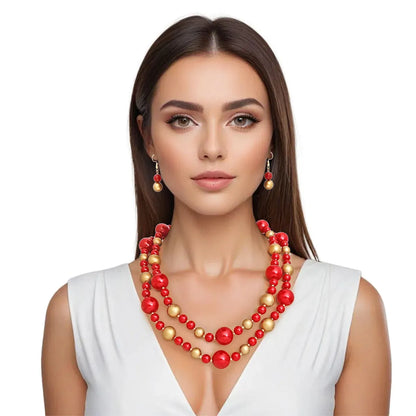 Elegant Double Strand Red Gold Pearl Necklace Set: A Must-Have Fashion Jewelry for Every Collection Jewelry Bubble