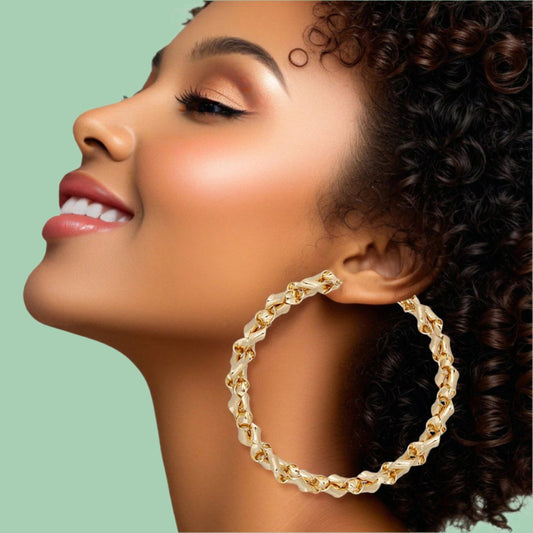 Elegant Gold Tone Twisted Hoop Earrings – Stylish Chunky Chain Design for a Trendy Look for Women Jewelry Bubble