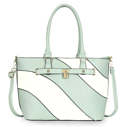 Elegant Green and White Wavy Stripe Women's Tote Handbag - Vegan Faux Leather Statement Piece Jewelry Bubble