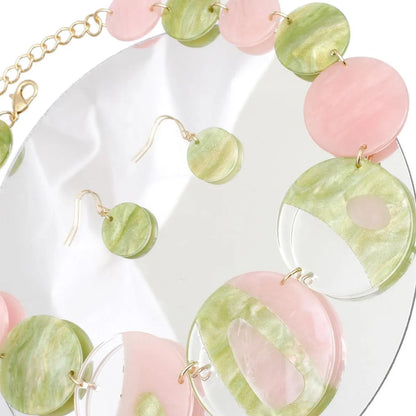 Elegant Marble Acrylic Jewelry Set - Pink & Green Swirl Disc Necklace with Matching Fish Hook Earrings Jewelry Bubble