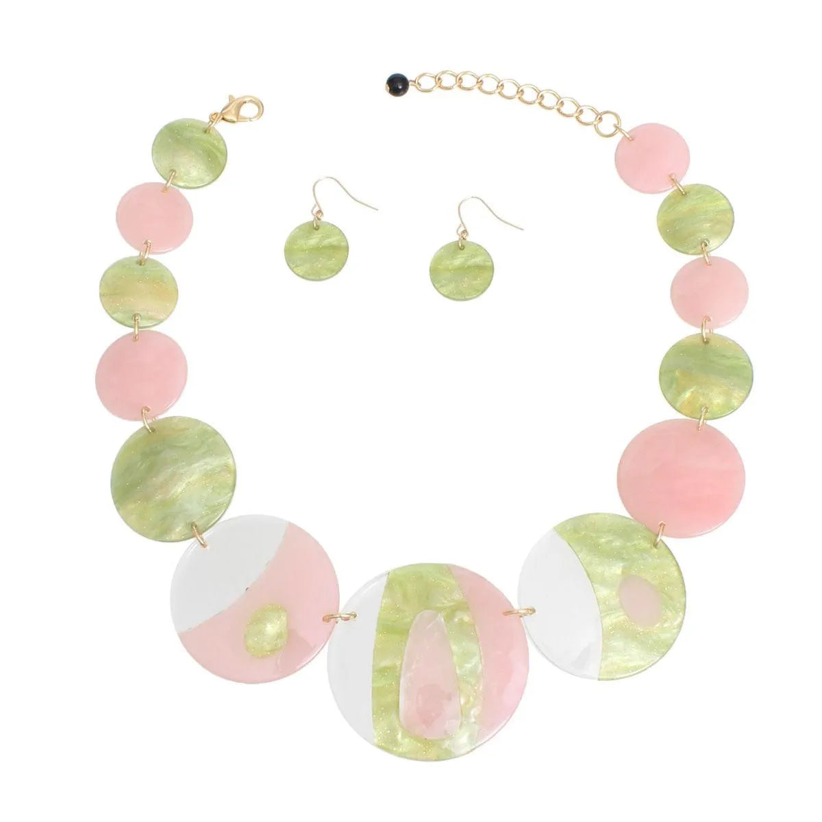 Elegant Marble Acrylic Jewelry Set - Pink & Green Swirl Disc Necklace with Matching Fish Hook Earrings Jewelry Bubble