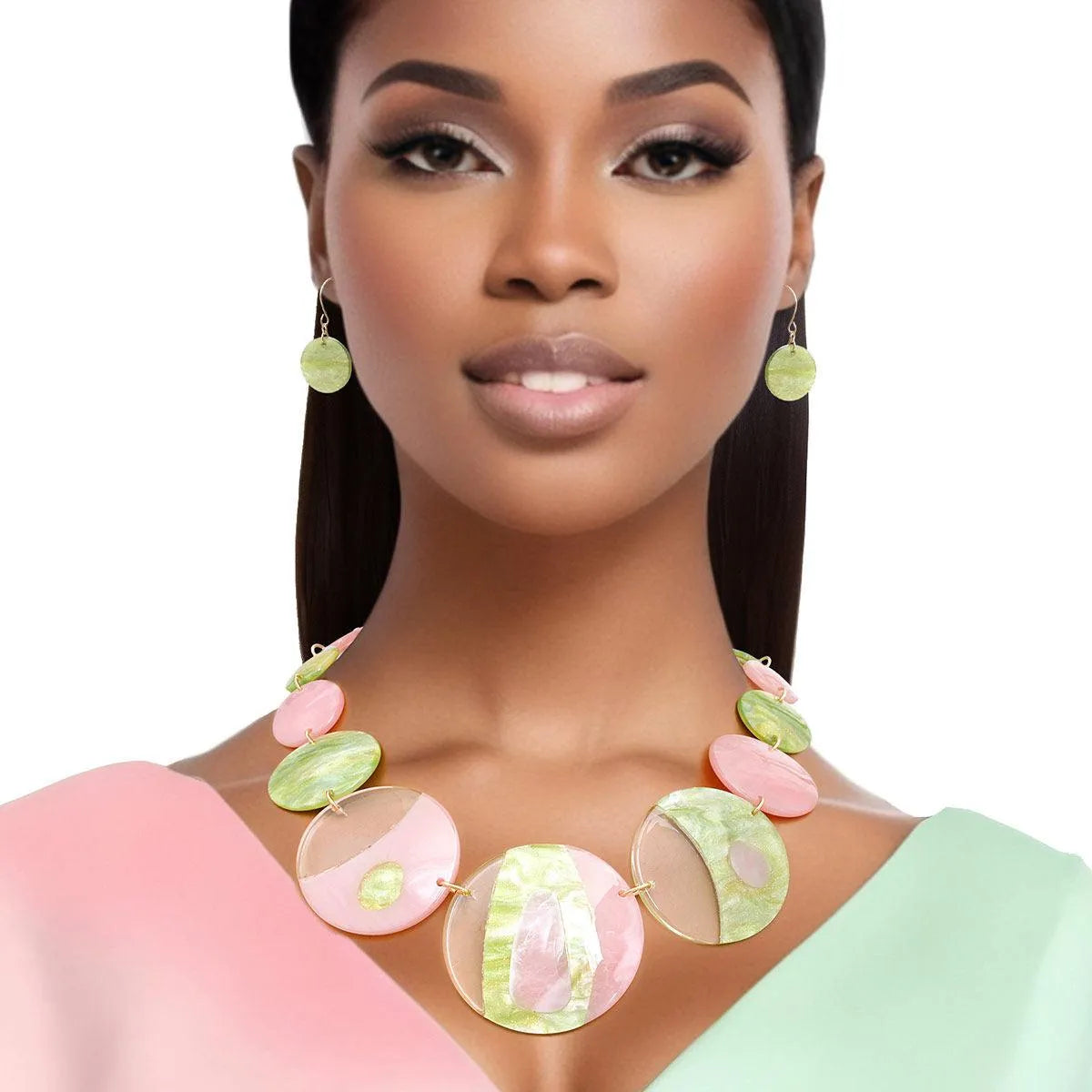 Elegant Marble Acrylic Jewelry Set - Pink & Green Swirl Disc Necklace with Matching Fish Hook Earrings Jewelry Bubble