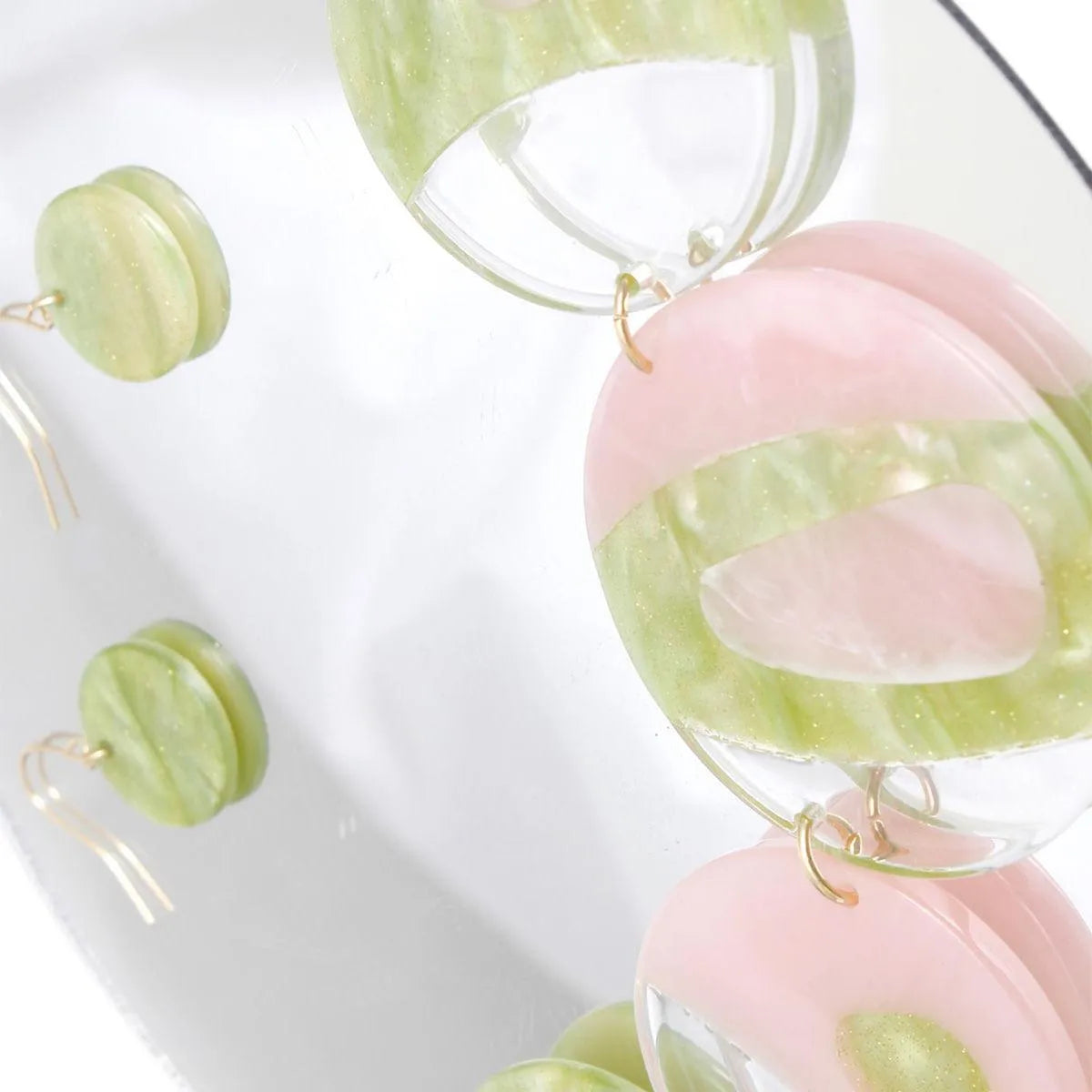 Elegant Marble Acrylic Jewelry Set - Pink & Green Swirl Disc Necklace with Matching Fish Hook Earrings Jewelry Bubble