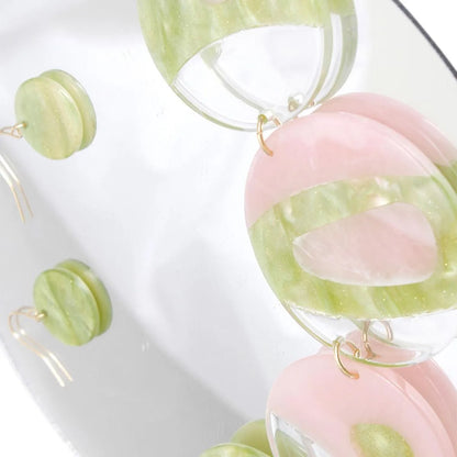 Elegant Marble Acrylic Jewelry Set - Pink & Green Swirl Disc Necklace with Matching Fish Hook Earrings Jewelry Bubble