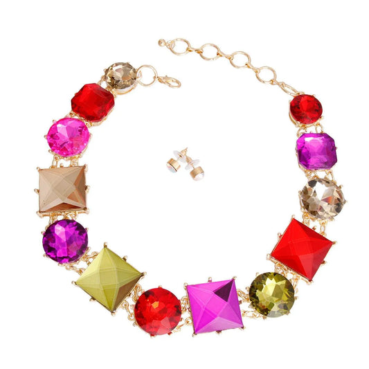 Elegant Multicolor Acrylic-crystal Collar Necklace & Earrings Set - Buy Now! Jewelry Bubble