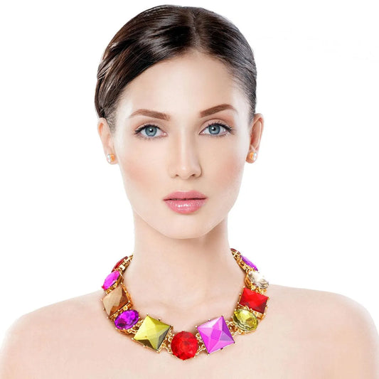 Elegant Multicolor Acrylic-crystal Collar Necklace & Earrings Set - Buy Now! Pinktown