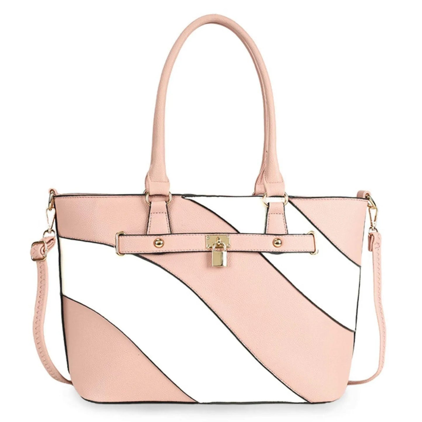 Elegant Pink and White Wavy Stripe Women's Tote Handbag - Vegan Faux Leather Statement Piece Jewelry Bubble