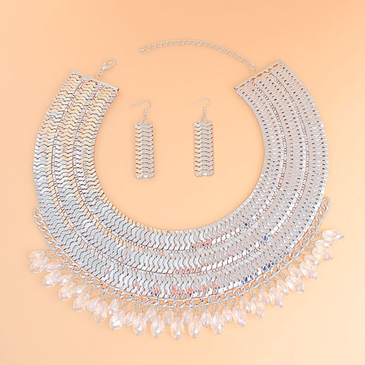 Elegant Statement Necklace and Earring Set - Silver & Silver Plated with Crystal Accents Pinktown