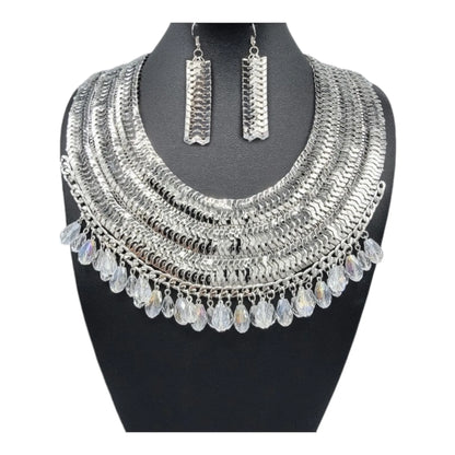 Elegant Statement Necklace and Earring Set - Silver & Silver Plated with Crystal Accents Jewelry Bubble