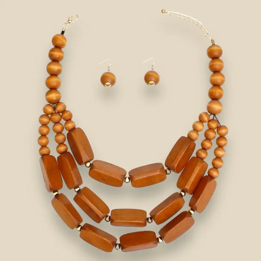 Elegant Women's Beaded Necklace Set - Brown Wood and Gold Jewelry Bubble