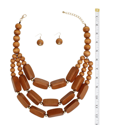 Elegant Women's Beaded Necklace Set - Brown Wood and Gold Pinktown