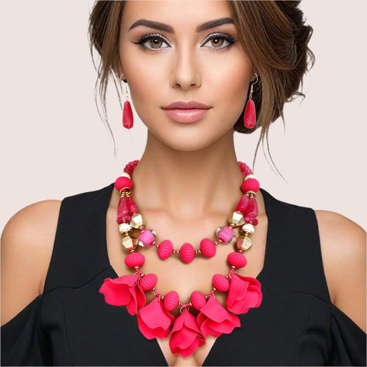 Elegant Women's Fuchsia Beaded Necklace Set Jewelry Bubble