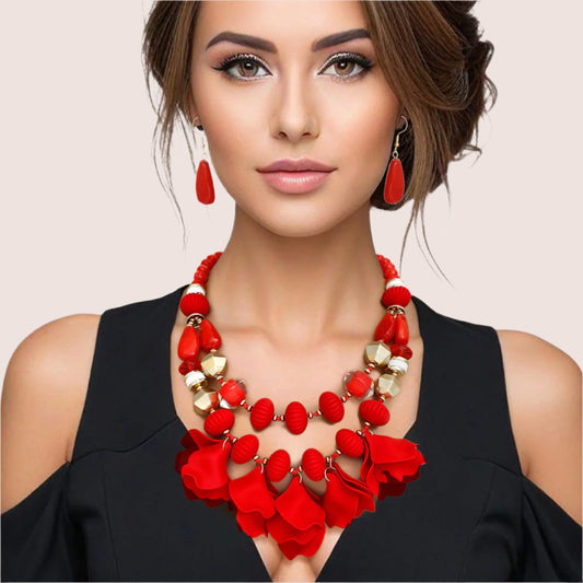 Elegant Women's Red Beaded Necklace Set Jewelry Bubble