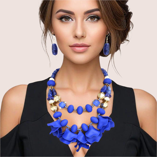 Elegant Women's Royal Blue Beaded Necklace Set Jewelry Bubble