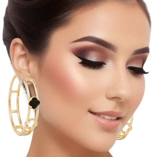 Elevate Your Style with Chic Gold-Tone Black Clover Hoop Earrings Pinktown