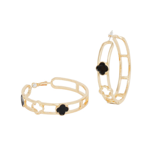 Elevate Your Style with Chic Gold-Tone Black Clover Hoop Earrings Pinktown