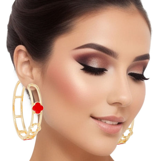 Elevate Your Style with Chic Gold-Tone Red Clover Hoop Earrings Pinktown