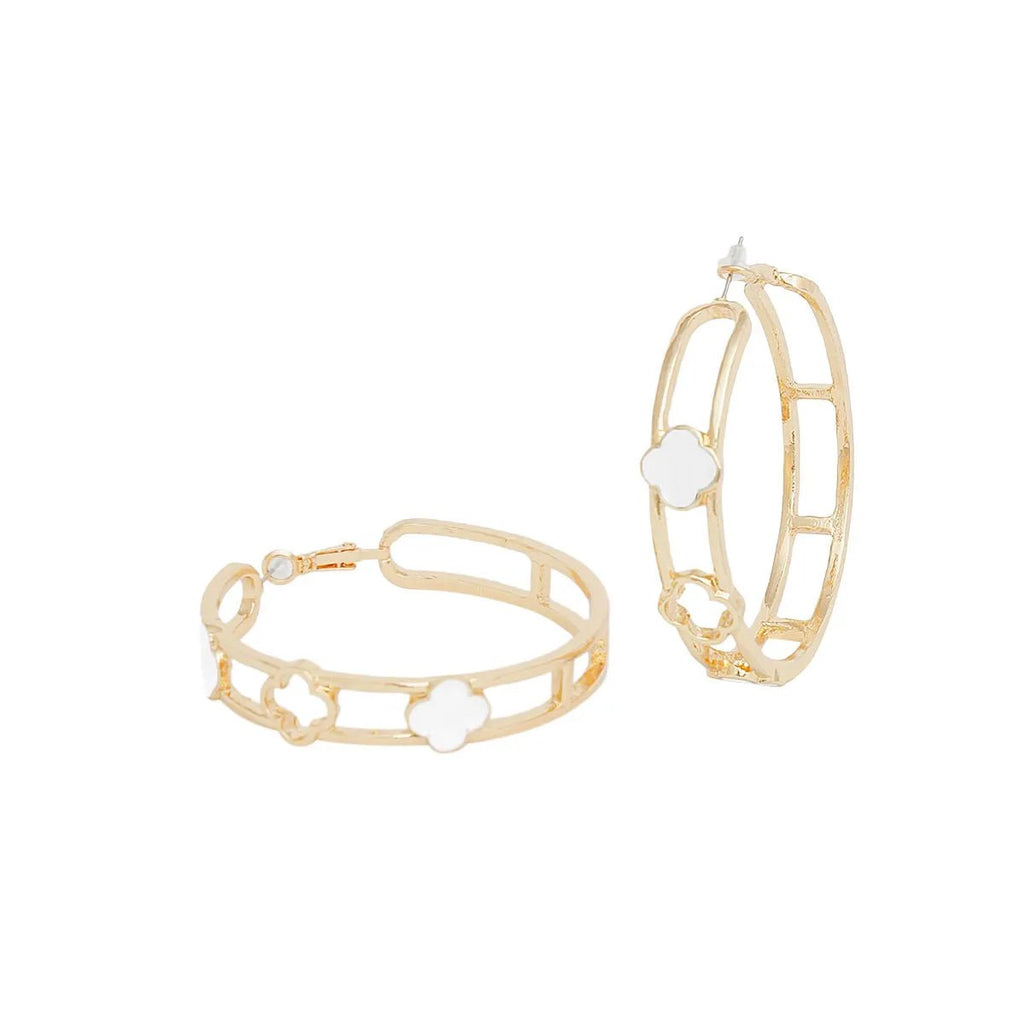 Elevate Your Style with Chic Gold-Tone White Clover Hoop Earrings