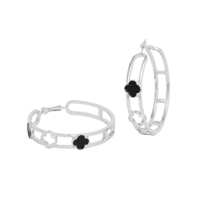 Elevate Your Style with Chic Silver-Tone Black Clover Hoop Earrings Jewelry Bubble