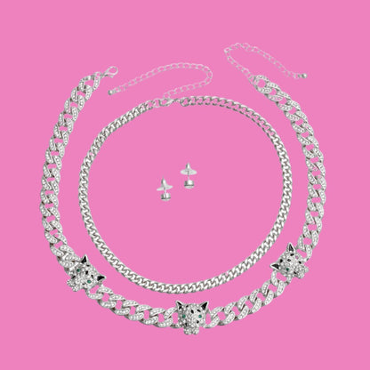Elevate Your Style with our Silver Iced Cuban Leopard Chain Set Pinktown