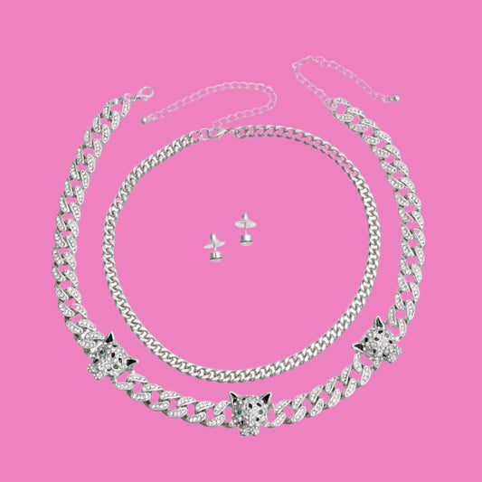 Elevate Your Style with our Silver Iced Cuban Leopard Chain Set Pinktown