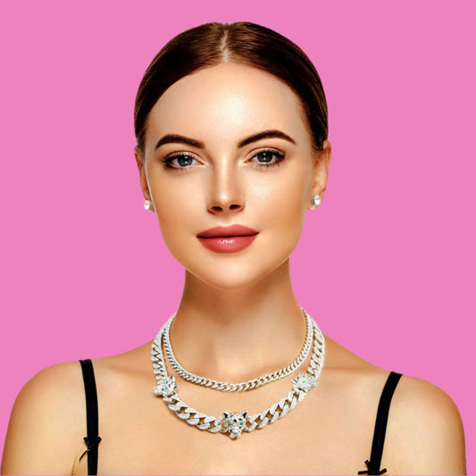 Elevate Your Style with our Silver Iced Cuban Leopard Chain Set Jewelry Bubble