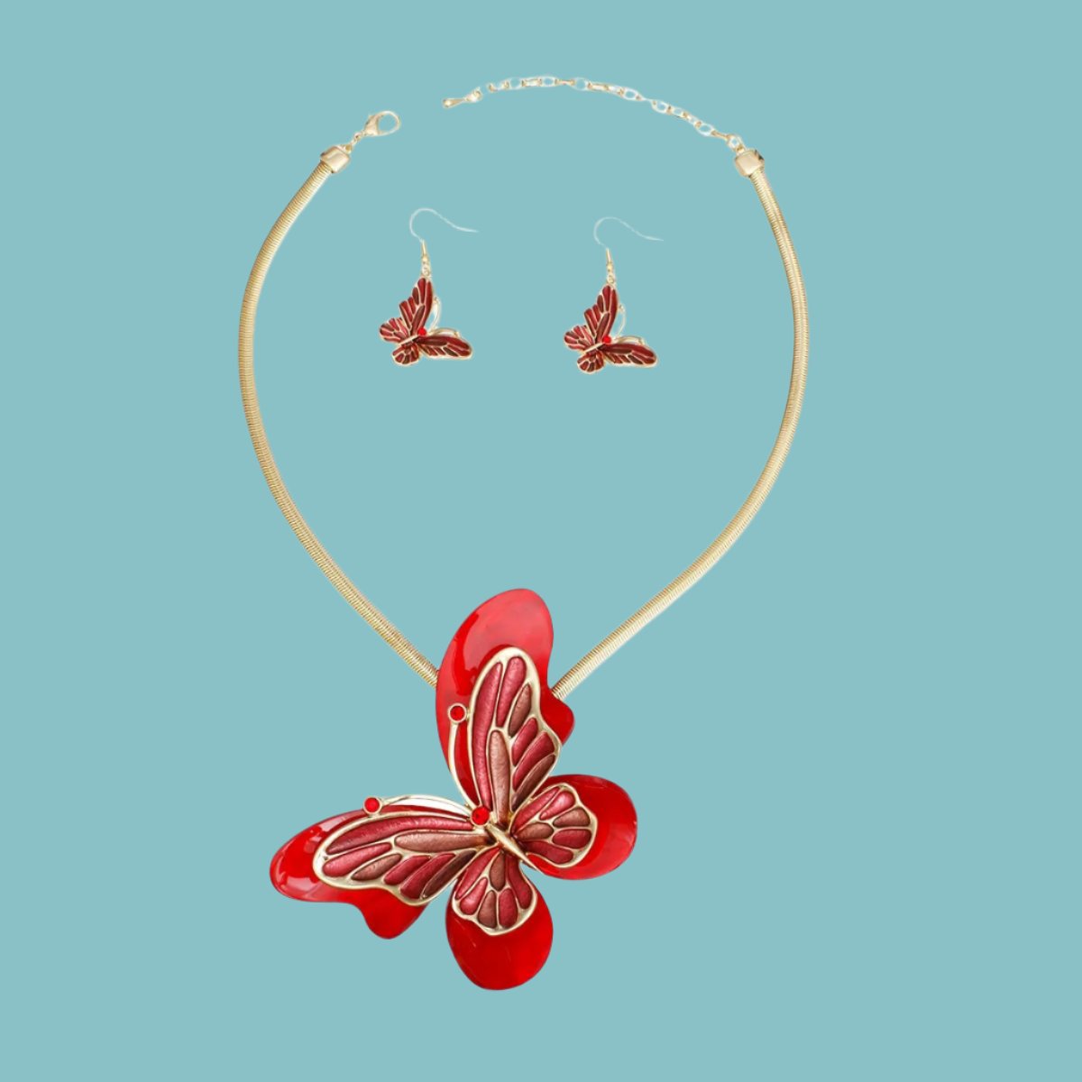 Enchanting Red Butterfly Necklace and Earring Set Jewelry Bubble