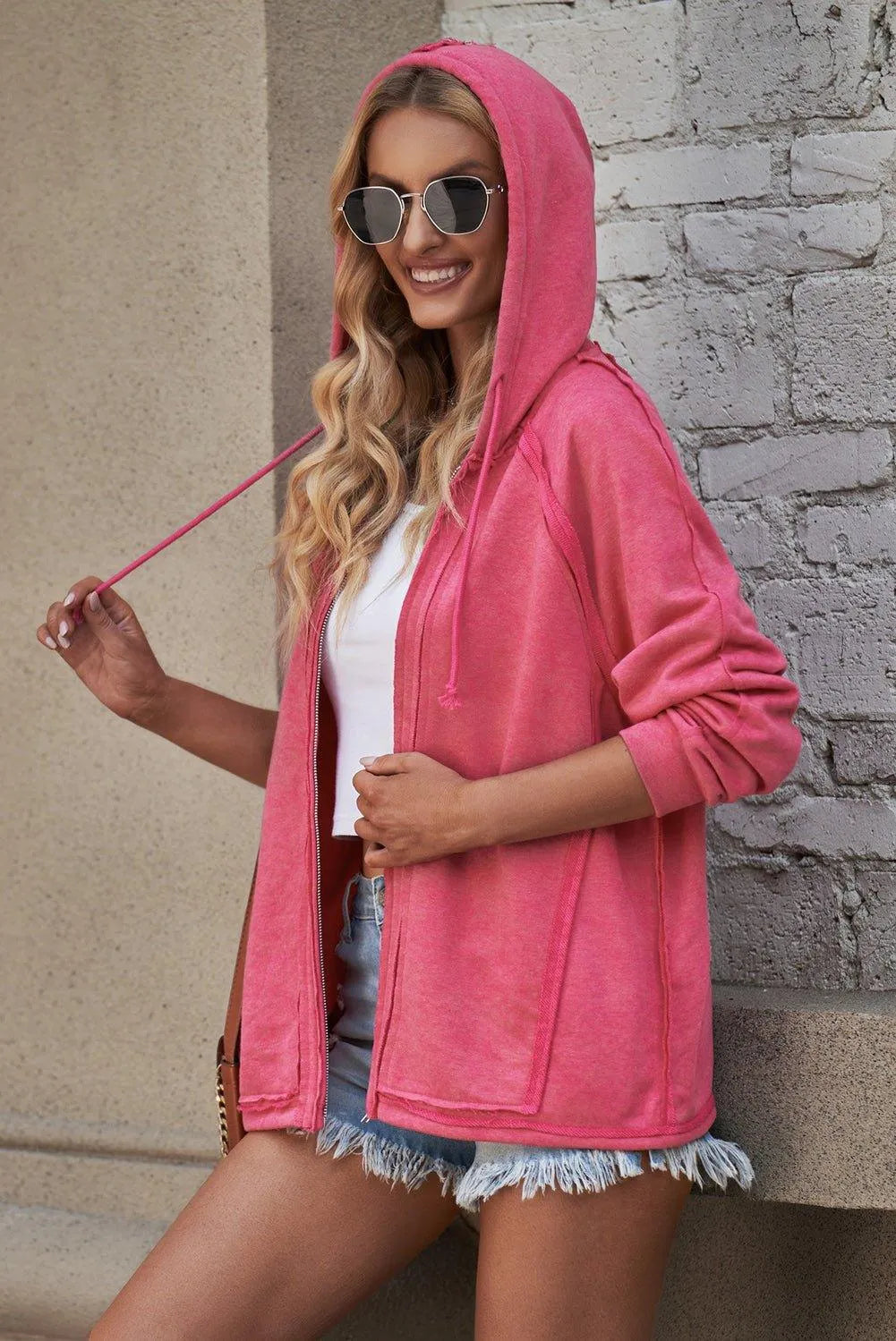 Exposed Seam Drawstring Hooded Jacket with Pockets Jewelry Bubble