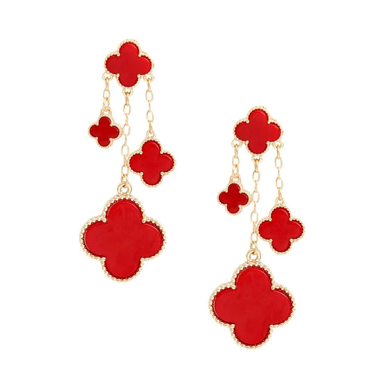 Exquisite Red Clover Drop Dangle Earrings Gold Must-Have Pinktown