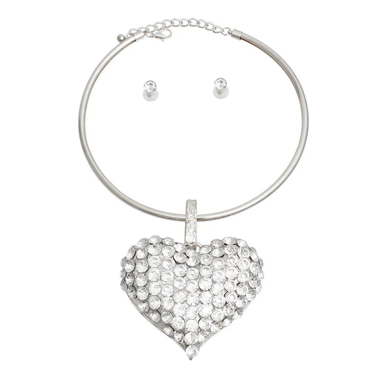 Extra Stunning: Silver-tone Necklace with Rhinestone Heart Set Jewelry Bubble