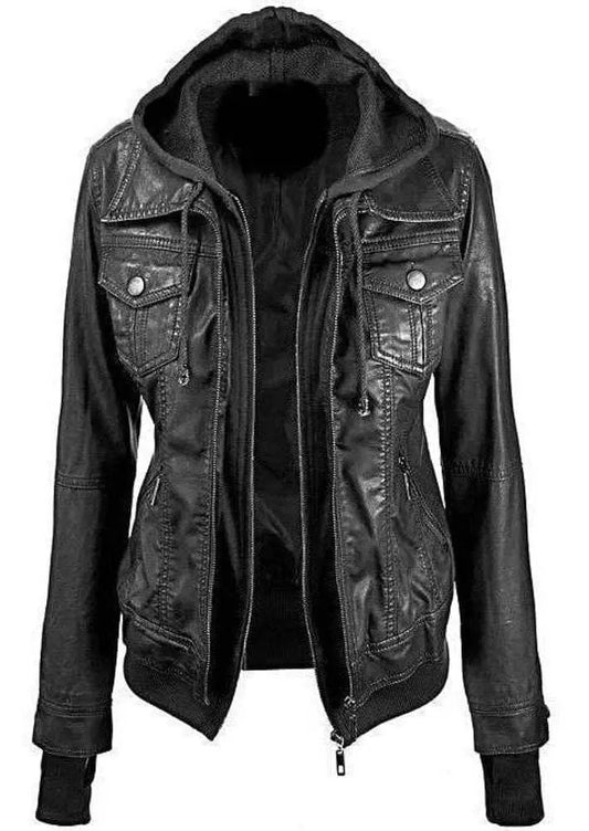 Fadcloset, Annalise Womens Leather Jacket Fleece Inner with Hoodie Jewelry Bubble