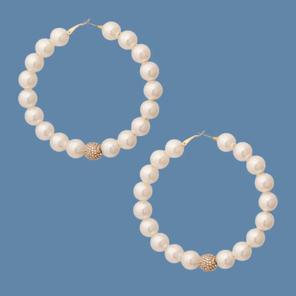 Faux Beaded Pearl and Pave Rhinestone Hoop Earrings