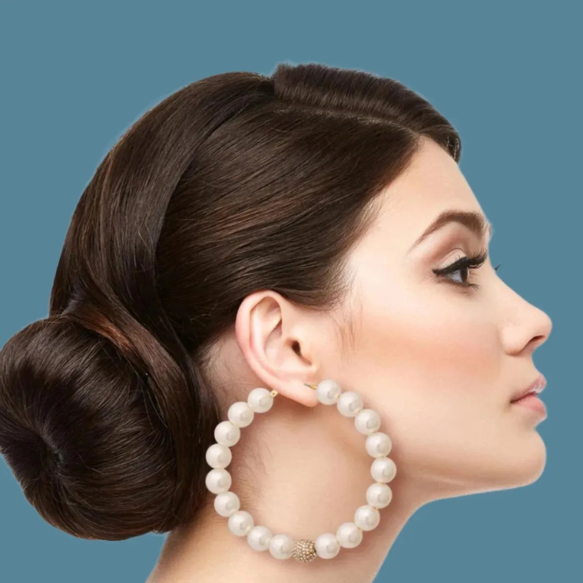 Faux Beaded Pearl and Pave Rhinestone Hoop Earrings