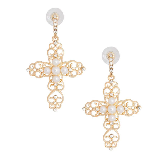 Faux Pearl Open Cross Drop Earrings Gold Tone Jewelry Bubble