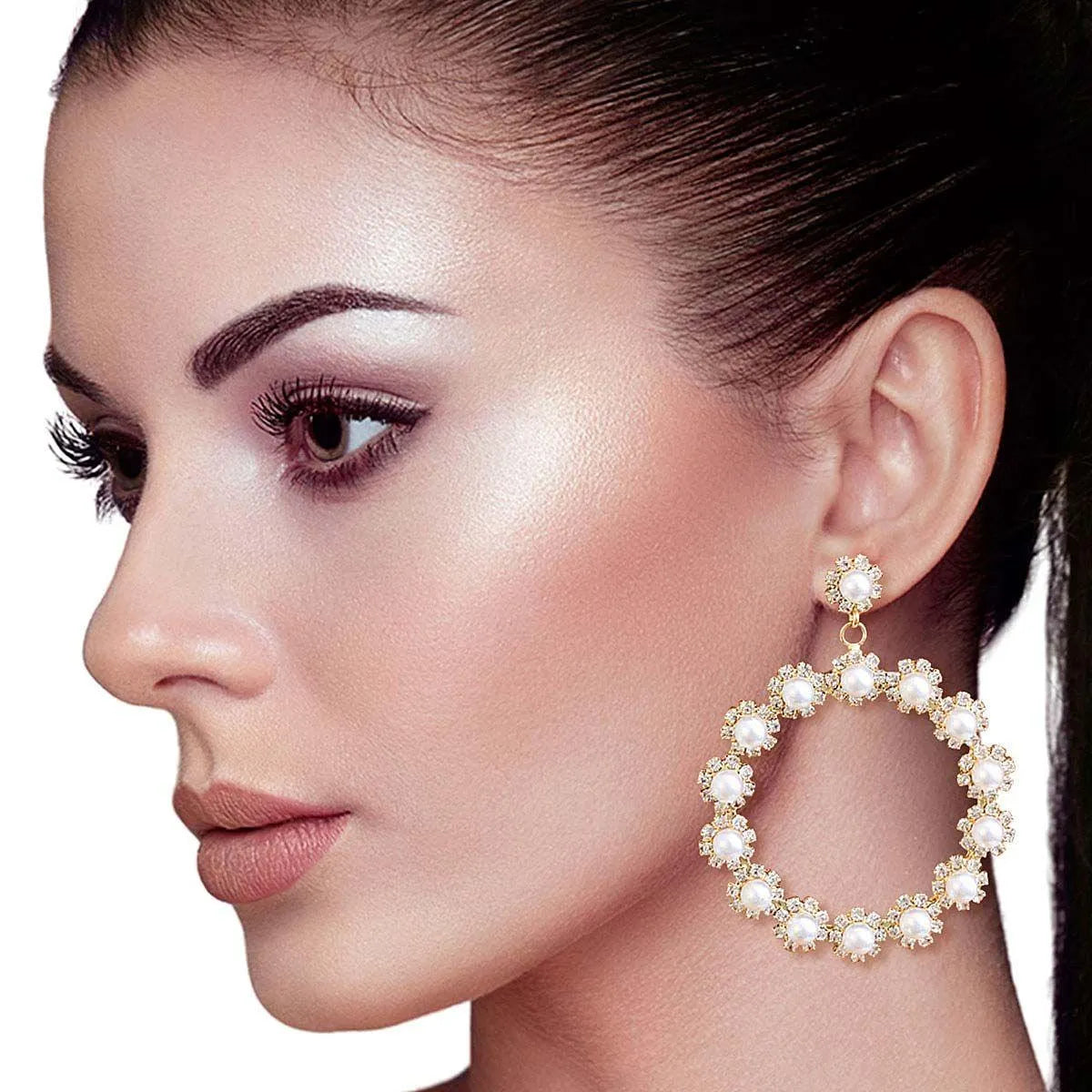 Faux Pearl Statement Hoop Earrings Gold Plated Pinktown