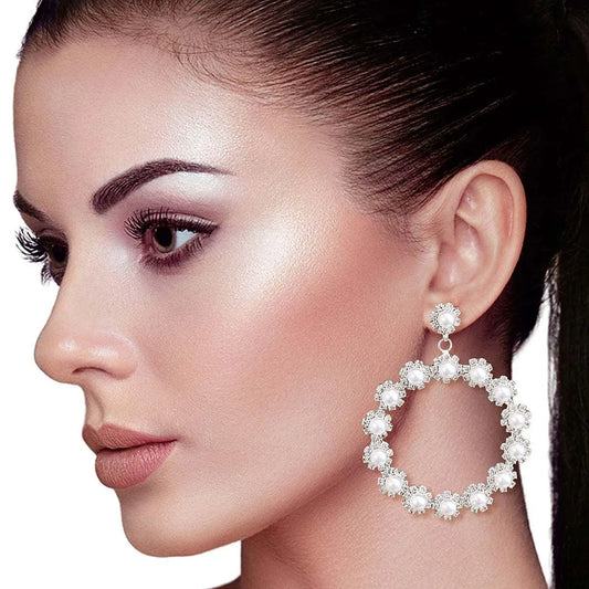 Faux Pearl Statement Hoop Earrings Silver Plated Pinktown