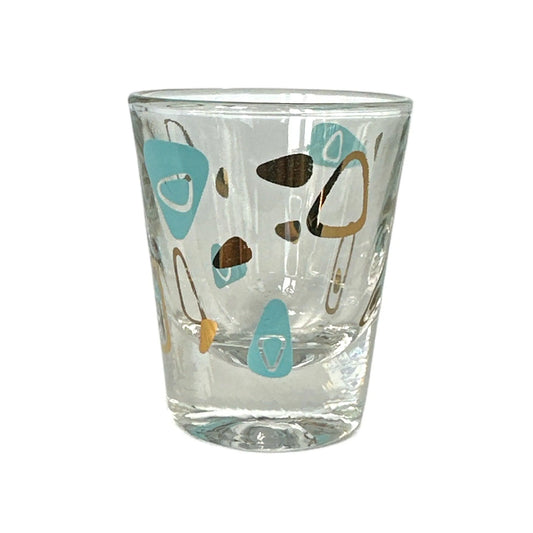 Federal Glass Mid-Century Turquoise Gold Amoeba Boomerang Atomic Shot Glass - Vintage Collectible Cocktail Glass Jewelry Bubble