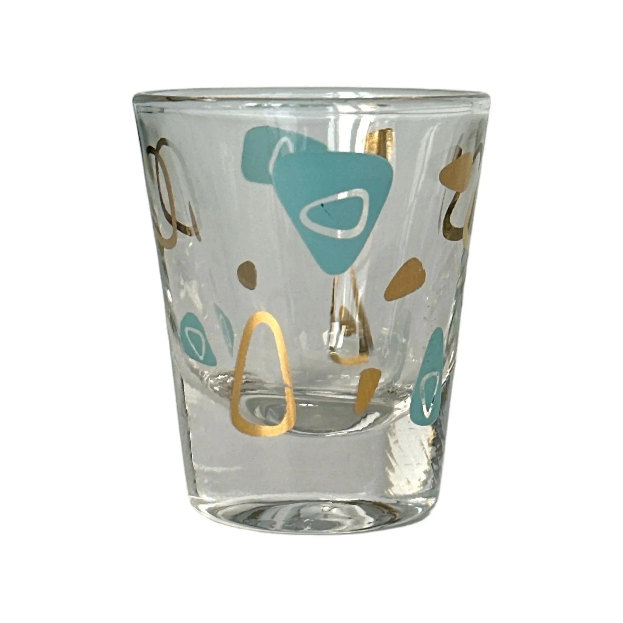 Federal Glass Mid-Century Turquoise Gold Amoeba Boomerang Atomic Shot Glass - Vintage Collectible Cocktail Glass