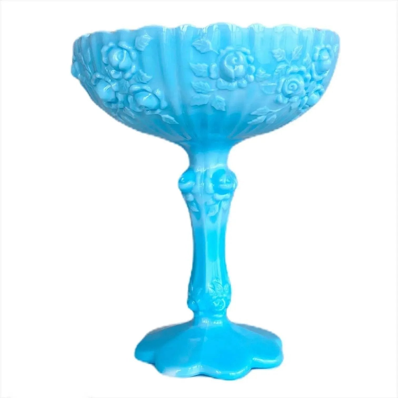 Fenton Blue Slag Glass Tazza Cabbage Rose Pedestal