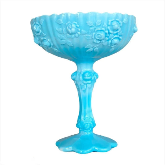 Fenton Blue Slag Glass Tazza Cabbage Rose Pedestal Jewelry Bubble