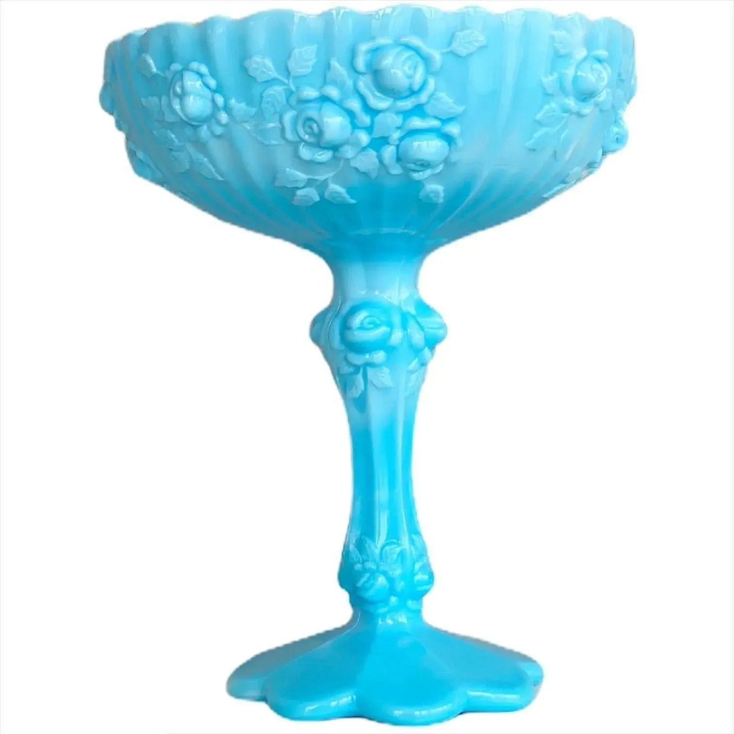 Fenton Blue Slag Glass Tazza Cabbage Rose Pedestal