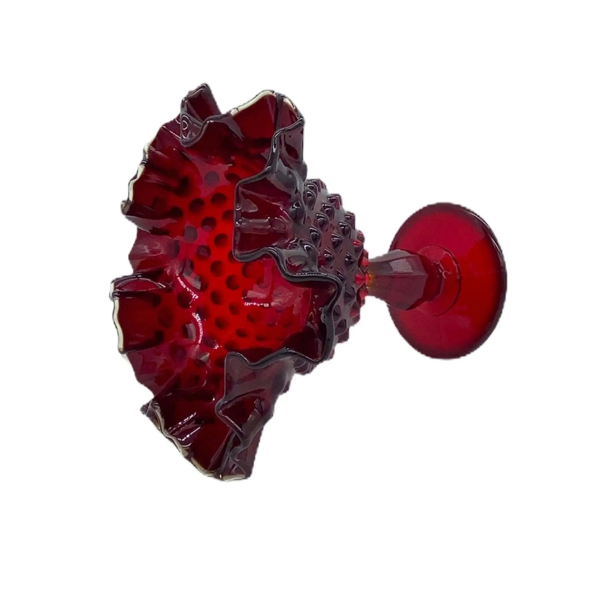 Fenton Hobnail Glass Deep Red Crimped Vintage Compote