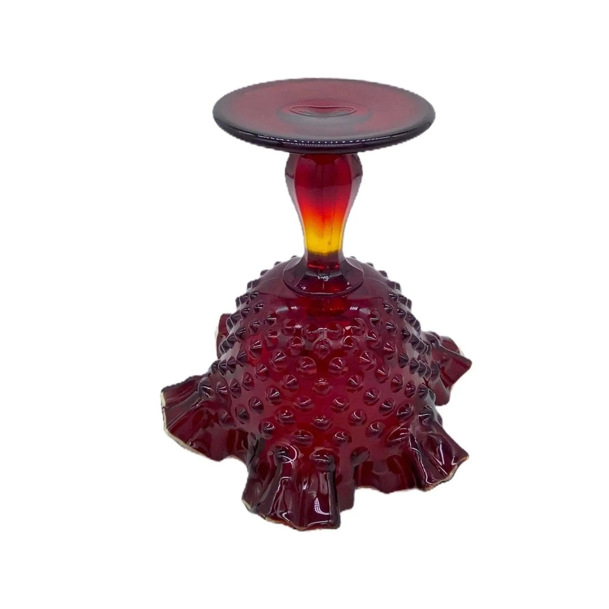 Fenton Hobnail Glass Deep Red Crimped Vintage Compote