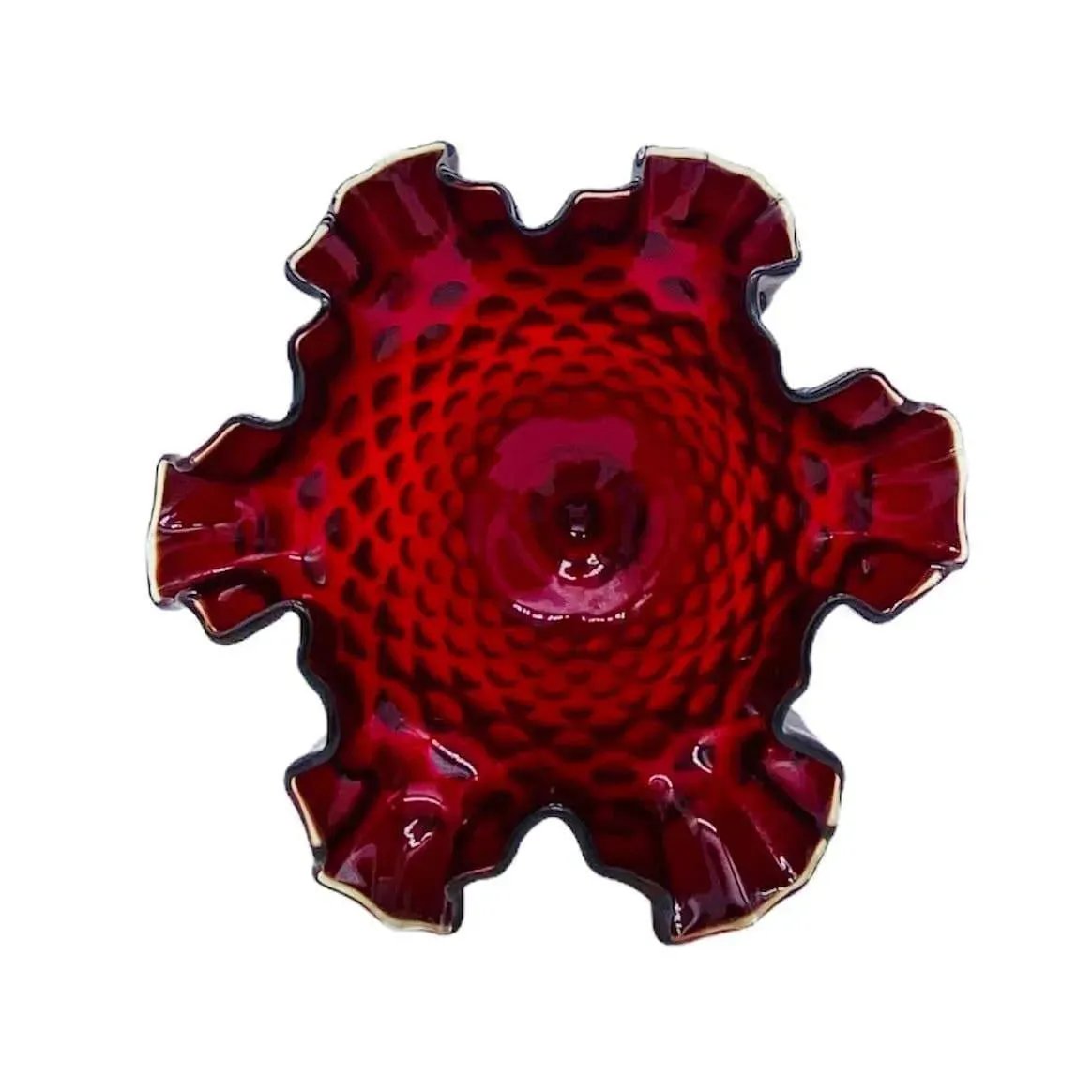 Fenton Hobnail Glass Deep Red Crimped Vintage Compote