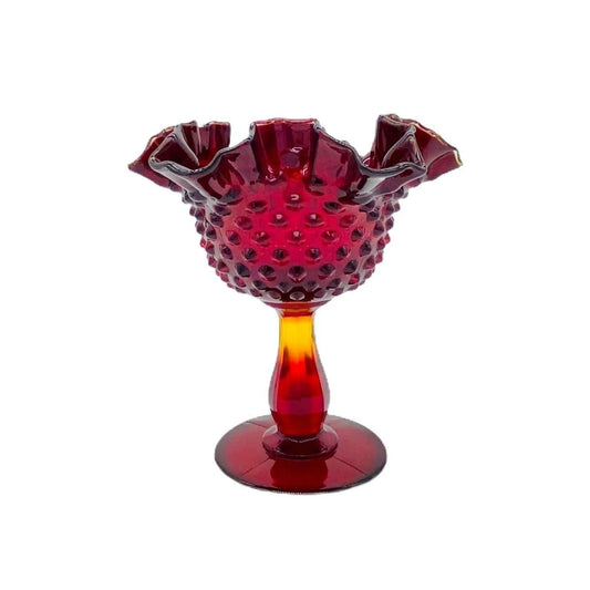 Fenton Hobnail Glass Deep Red Crimped Vintage Compote Jewelry Bubble