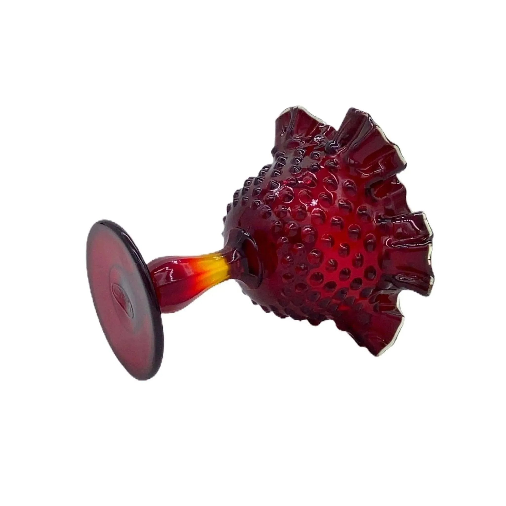 Fenton Hobnail Glass Deep Red Crimped Vintage Compote