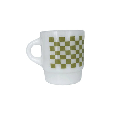 Fire King Milk Glass Stackable Coffee Mug Green Checkerboard Jewelry Bubble