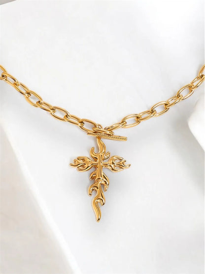 Flaming Cross Charm Oval-Link Necklace Jewelry Bubble