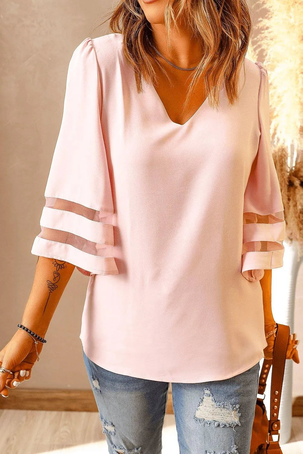 Flare Sleeve V Neck Loose Blouse Jewelry Bubble